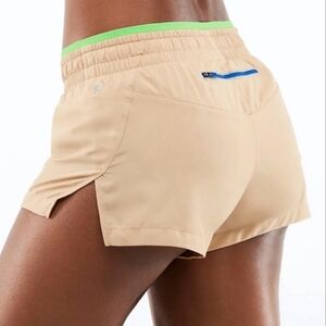 Fabletics Hali Run 3.5" Shorts in Khaki w/ Pop Contrast Green Waist Sz. M